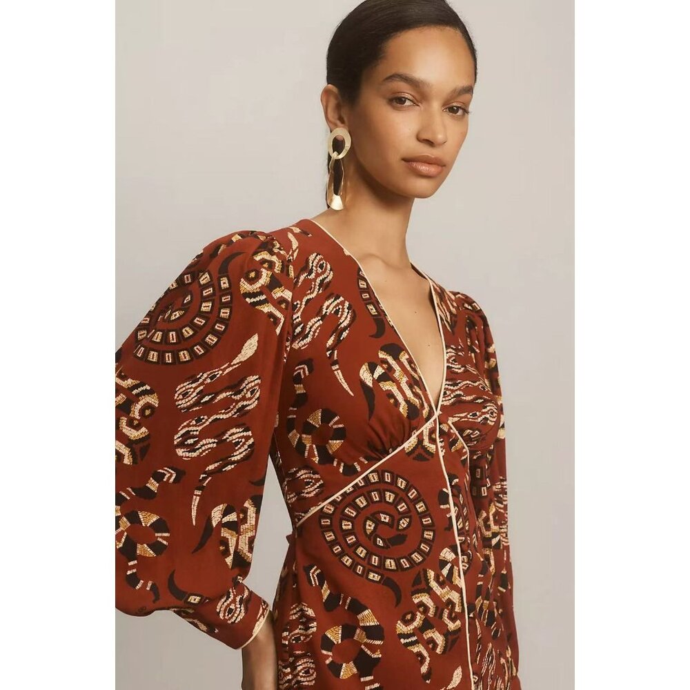 NWT FARM Rio Anthropologie Long Sleeves V-neck Snake Print Mini Dress Size XS - Picture 2 of 16